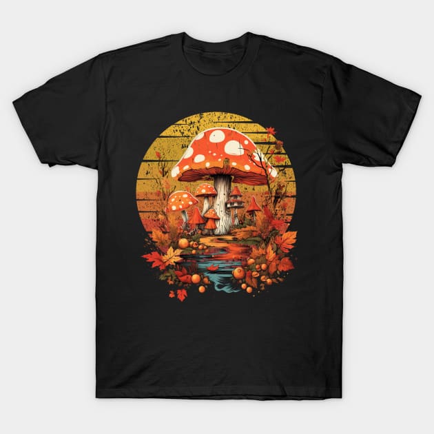 Autumn Vintage Autumn Leaves Mushrooms T-Shirt by Positive Designer